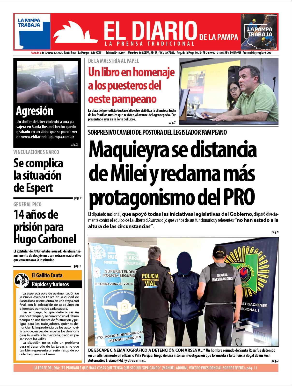 Tapa de El Diario en papel  saacutebado 04 de octubre de 2025